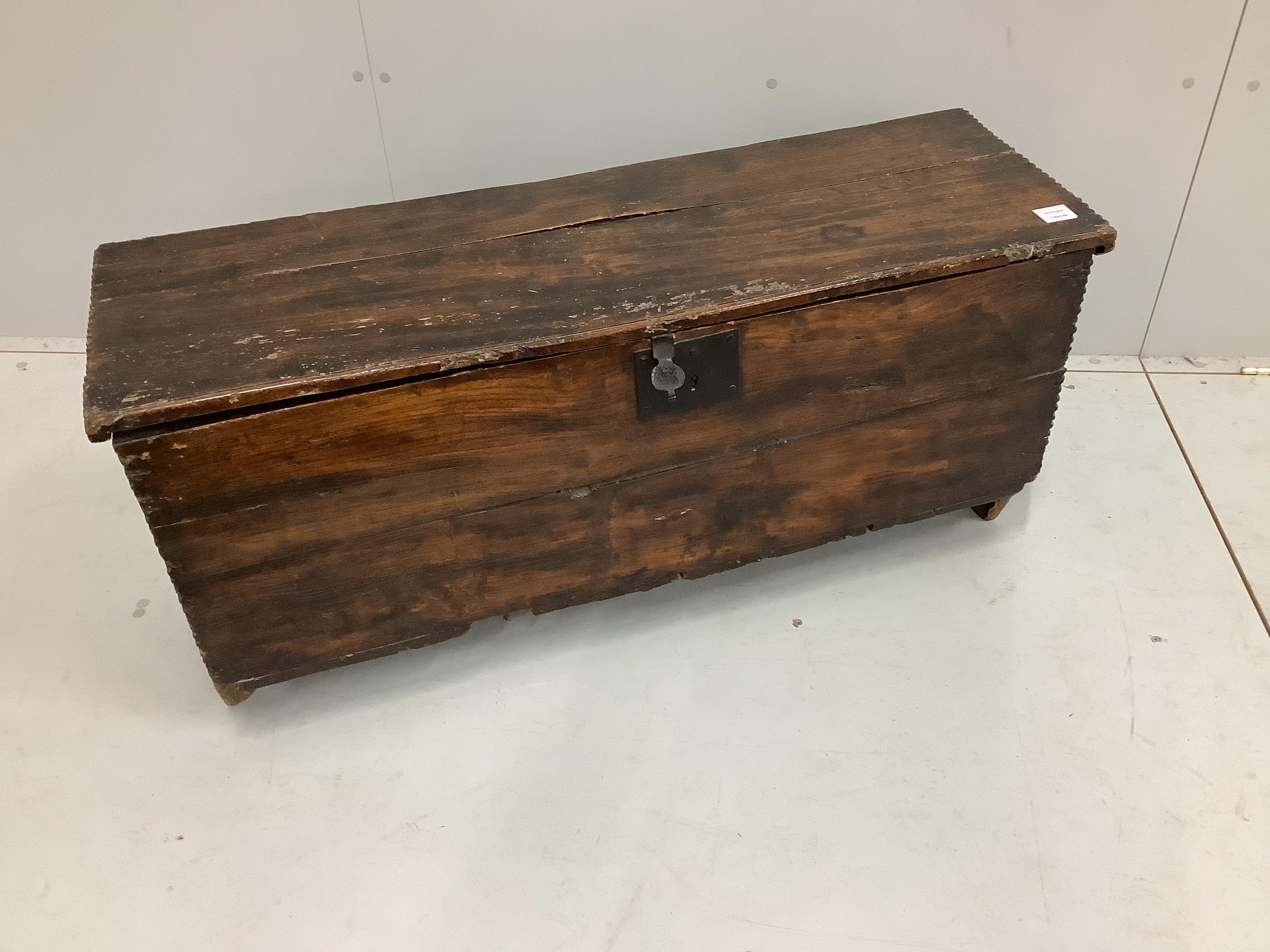 A 17th / 18th century elm six plank coffer, width 108cm, depth 35cm, height 48cm